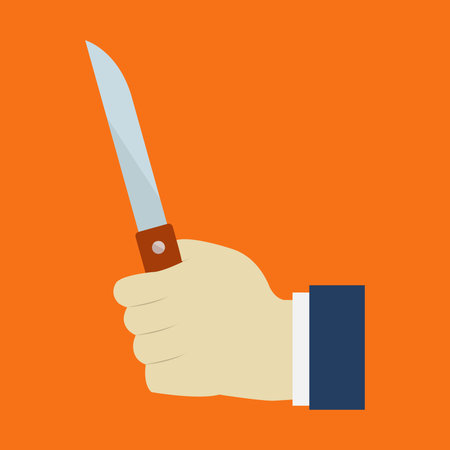 Kitchen knife in hand. Flat style vector illustration on orange background.のイラスト素材