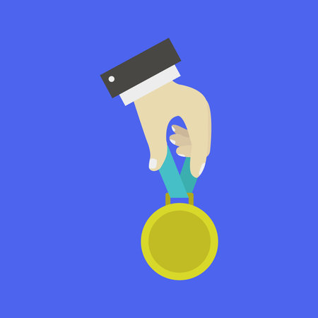 Hand holding gold medal flat icon. Vector illustration on blue background.のイラスト素材