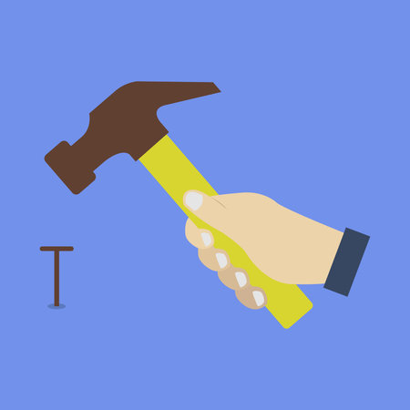 Hammer in hand. Flat design style. Vector illustration on blue background.のイラスト素材