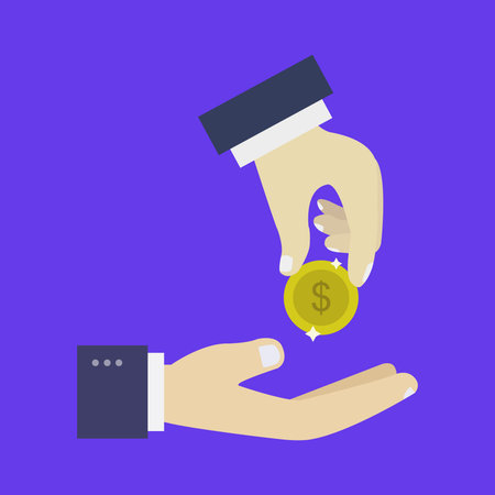 Hand giving money to another hand. Vector illustration in flat style.のイラスト素材
