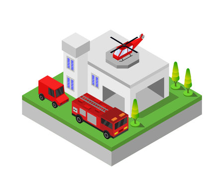 Firefighting isometric vector illustration. Fire department building, helicopter and fire truck.のイラスト素材