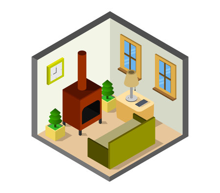Interior of living room isometric 3d icon. Vector illustrationのイラスト素材