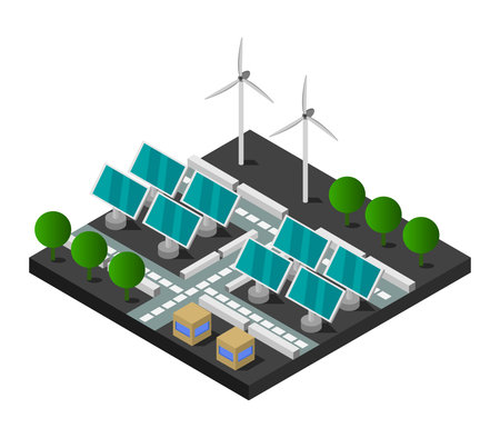 Solar panels and wind turbines. Renewable energy concept. Isometric vector illustration.のイラスト素材