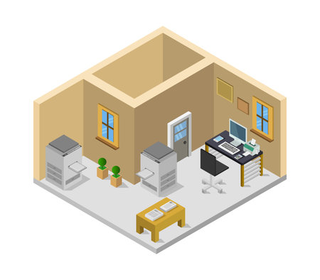 Office isometric vector illustration. Flat style workplace. Office interior with furniture.のイラスト素材