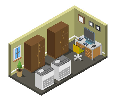 Office isometric interior. Furniture and equipment. Vector illustration.のイラスト素材