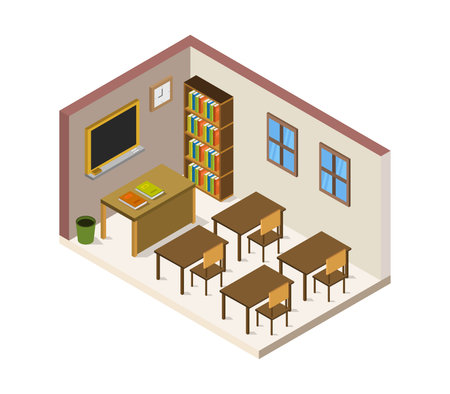 Classroom isometric vector illustration. School interior with table and chairs.のイラスト素材