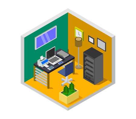Office isometric concept. Workplace with computer, table, chair, plant, lamp and cupboard. Isolated vector illustrationのイラスト素材