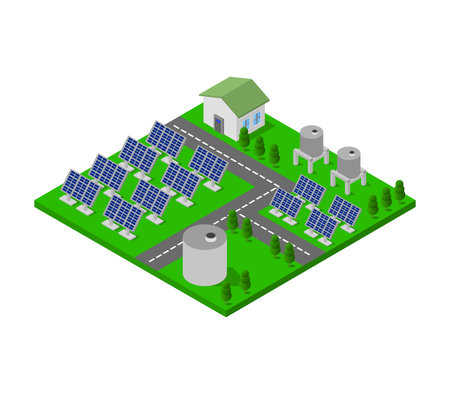 Solar power plant isometric view. Alternative energy sources. Vector illustrationのイラスト素材