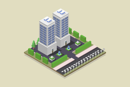 isometric flat 3D vector illustration of building, skyscraper and parkのイラスト素材