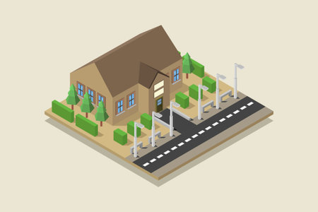 Isometric 3D vector illustration of a city street with buildings, roads and trees.のイラスト素材