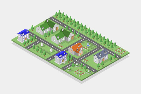 Isometric flat 3D concept vector urban landscape with houses, streets, roads and treesのイラスト素材