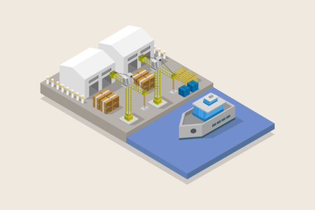 Warehouse isometric vector illustration. Warehouse with equipment and goods.のイラスト素材