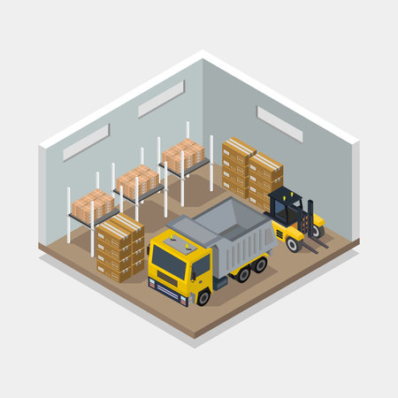 Warehouse isometric composition with forklifts and trucks vector illustrationのイラスト素材