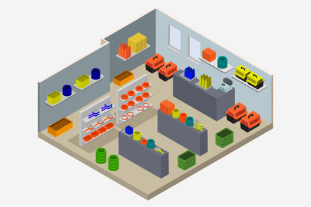 Isometric flat 3D interior of a shop or store with furniture.のイラスト素材