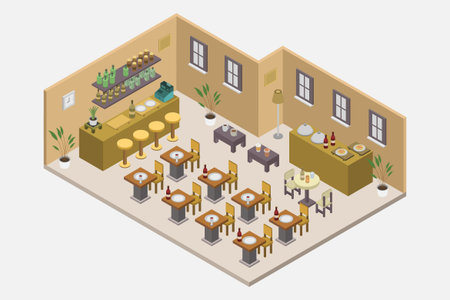 Restaurant isometric composition with wooden tables and chairs vector illustrationのイラスト素材
