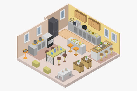 Isometric kitchen interior. Flat style furniture. Vector illustration.のイラスト素材