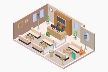 Living room interior isometric view. Vector illustration of living room with furniture.のイラスト素材