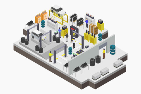 Isometric 3D vector illustration of a factory for the production of electronic componentsのイラスト素材