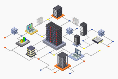 Data center isometric flowchart concept with server room and network vector illustrationのイラスト素材