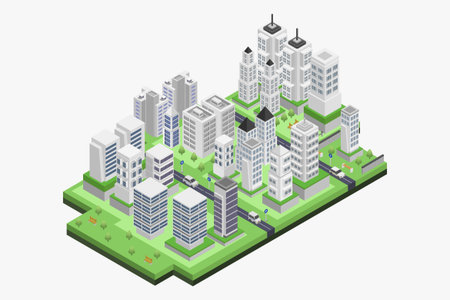 Isometric city concept with skyscrapers and green grass vector illustrationのイラスト素材