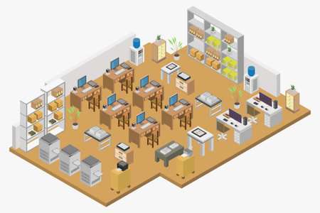 Office isometric interior. Furniture and equipment. Vector illustration.のイラスト素材