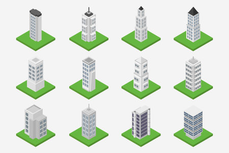 Isometric set of high-rise buildings in the city. Vector illustration.のイラスト素材