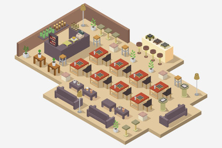 Interior of a cafe in isometric view. Vector illustration.のイラスト素材