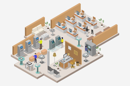 Flat isometric office interior with furniture and equipment. Vector illustrationのイラスト素材