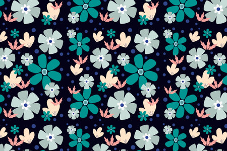 Seamless pattern with blue and pink flowers on a dark background.