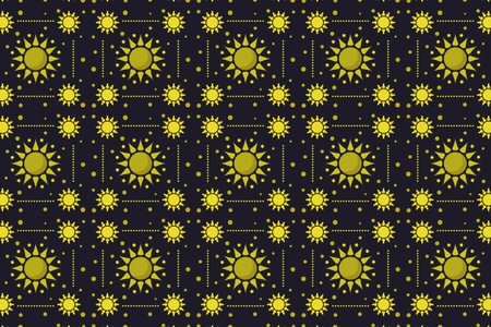 Seamless pattern with yellow suns on dark blue background.