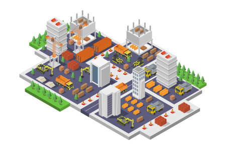 Isometric city with buildings, roads, streets and transport. Vector illustrationのイラスト素材