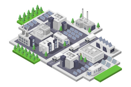 Isometric industrial building. Vector illustration of a factory with a lot of buildings.のイラスト素材