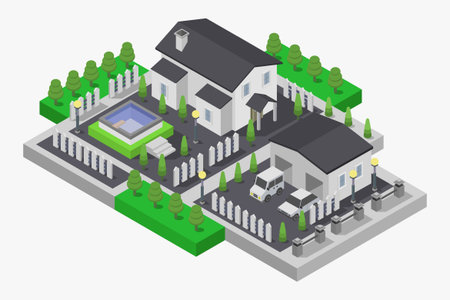 Isometric flat vector illustration of a private house with a garden.のイラスト素材