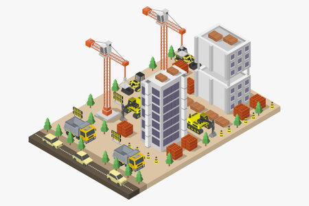 Construction site isometric composition with building and cranes isolated vector illustrationのイラスト素材