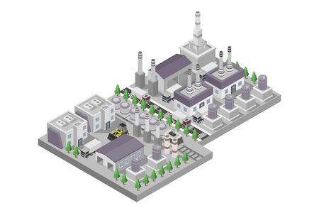 Isometric industrial building. Vector illustration of a factory with chimneys.のイラスト素材