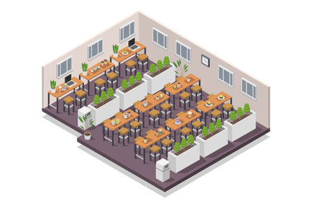 Isometric restaurant interior with tables, chairs and chairs. Vector illustration.のイラスト素材