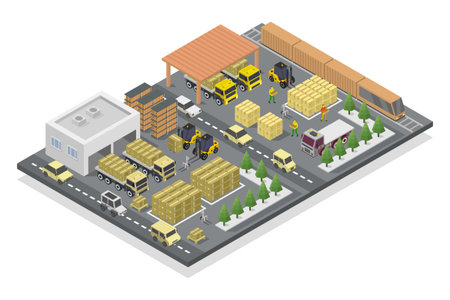Warehouse isometric composition with warehouse buildings and trucks isolated vector illustrationのイラスト素材