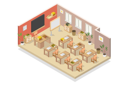 School classroom isometric interior with desk, chairs and books. Vector illustrationのイラスト素材