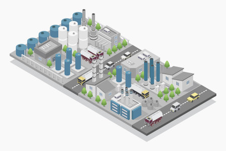 Isometric industrial building. Vector illustration of a factory or plant.のイラスト素材