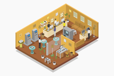 Isometric office interior with furniture and people. 3d vector illustrationのイラスト素材