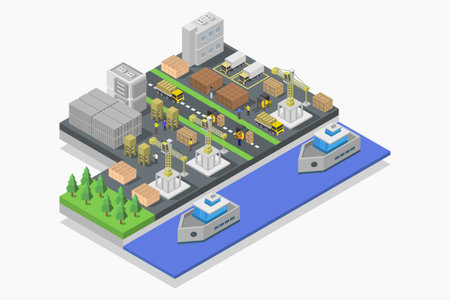 Isometric industrial building. Factory and construction site. Vector illustration.のイラスト素材