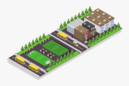 Vector isometric illustration of a railway station with cars and trains.のイラスト素材