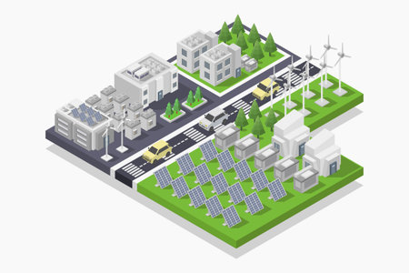 Eco city with solar panels and windmills. Vector illustrationのイラスト素材