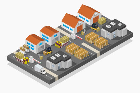 Warehouse isometric composition with warehouse building and trucks isolated vector illustrationのイラスト素材