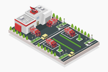 Flat isometric vector illustration of a fire station with firetruckのイラスト素材