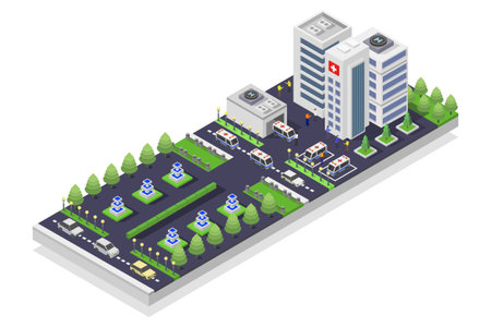 Isometric hospital building with ambulance, ambulance, fire truck, ambulance and treesのイラスト素材