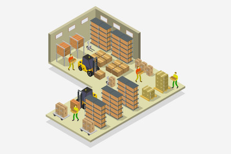 Warehouse isometric composition with workers and boxes on the floor vector illustrationのイラスト素材