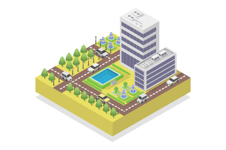 Isometric city illustration. Urban landscape with buildings, roads and parks.のイラスト素材