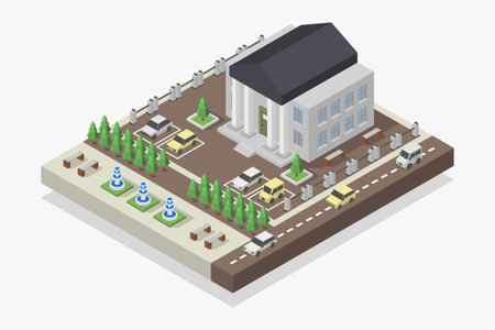 Isometric city building concept. Vector illustration in flat 3d style.のイラスト素材