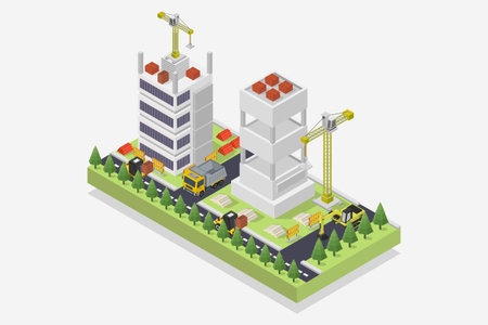 Isometric urban building with tower crane and workers. Vector illustration.のイラスト素材